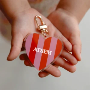 PORTE CLE ATSEM RAYURES  ROSE ET ROUGE