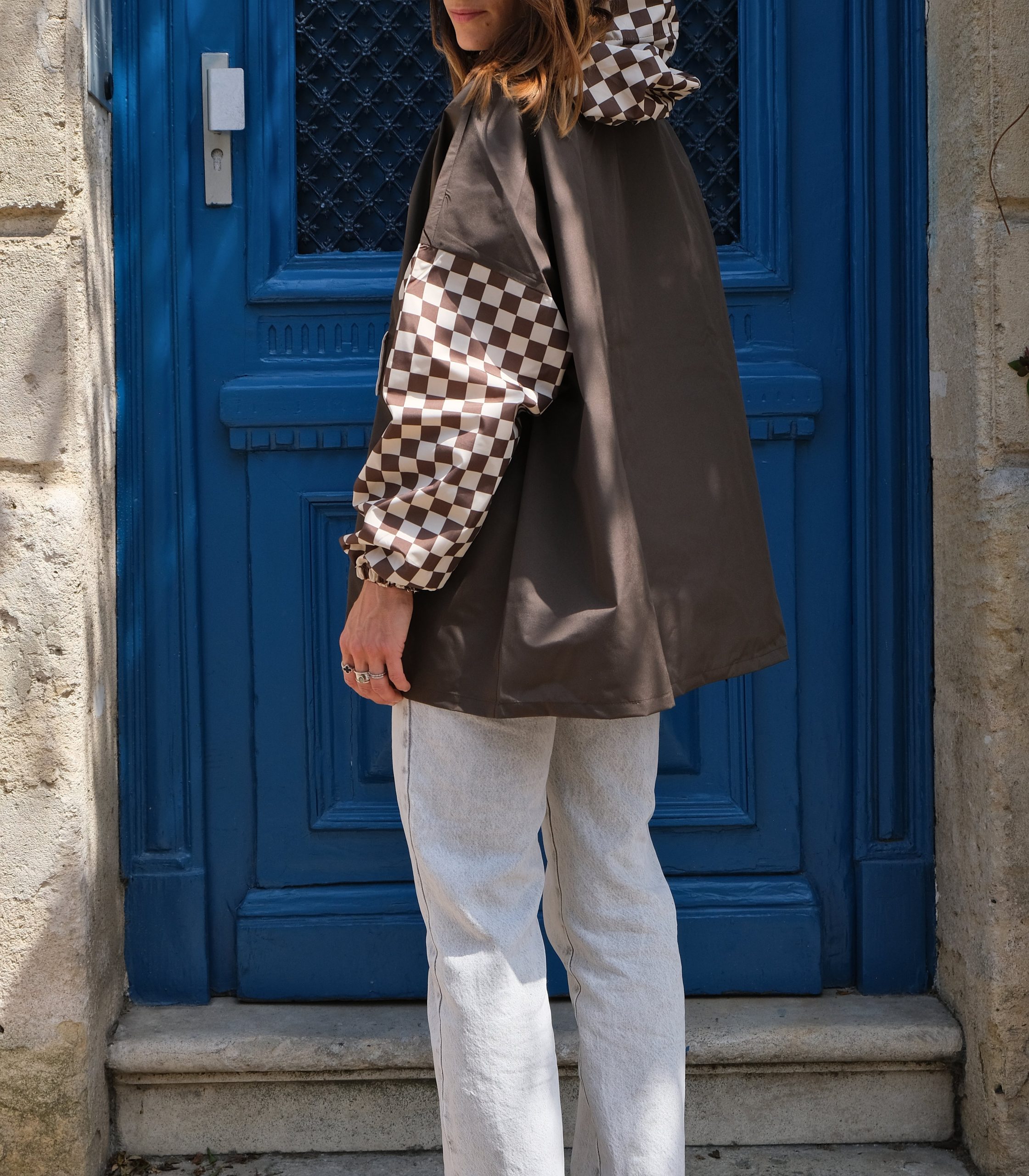 Poncho court Damier Kaki – Poule Party