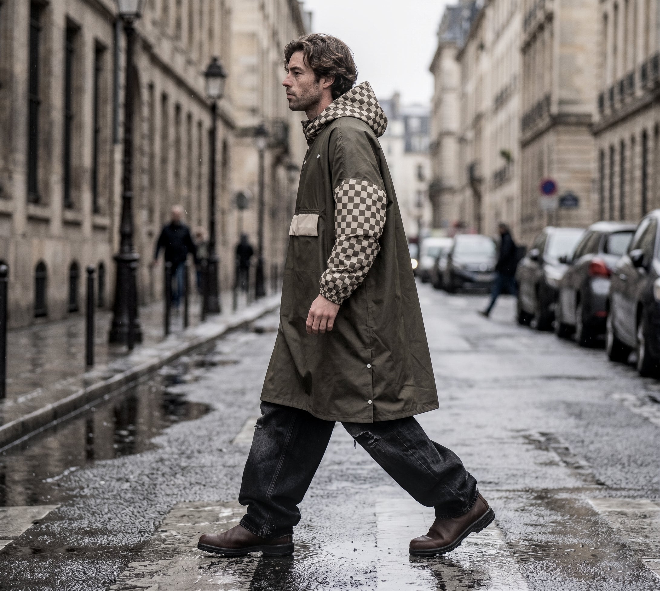 Poncho long Damiers kaki – Poule Party